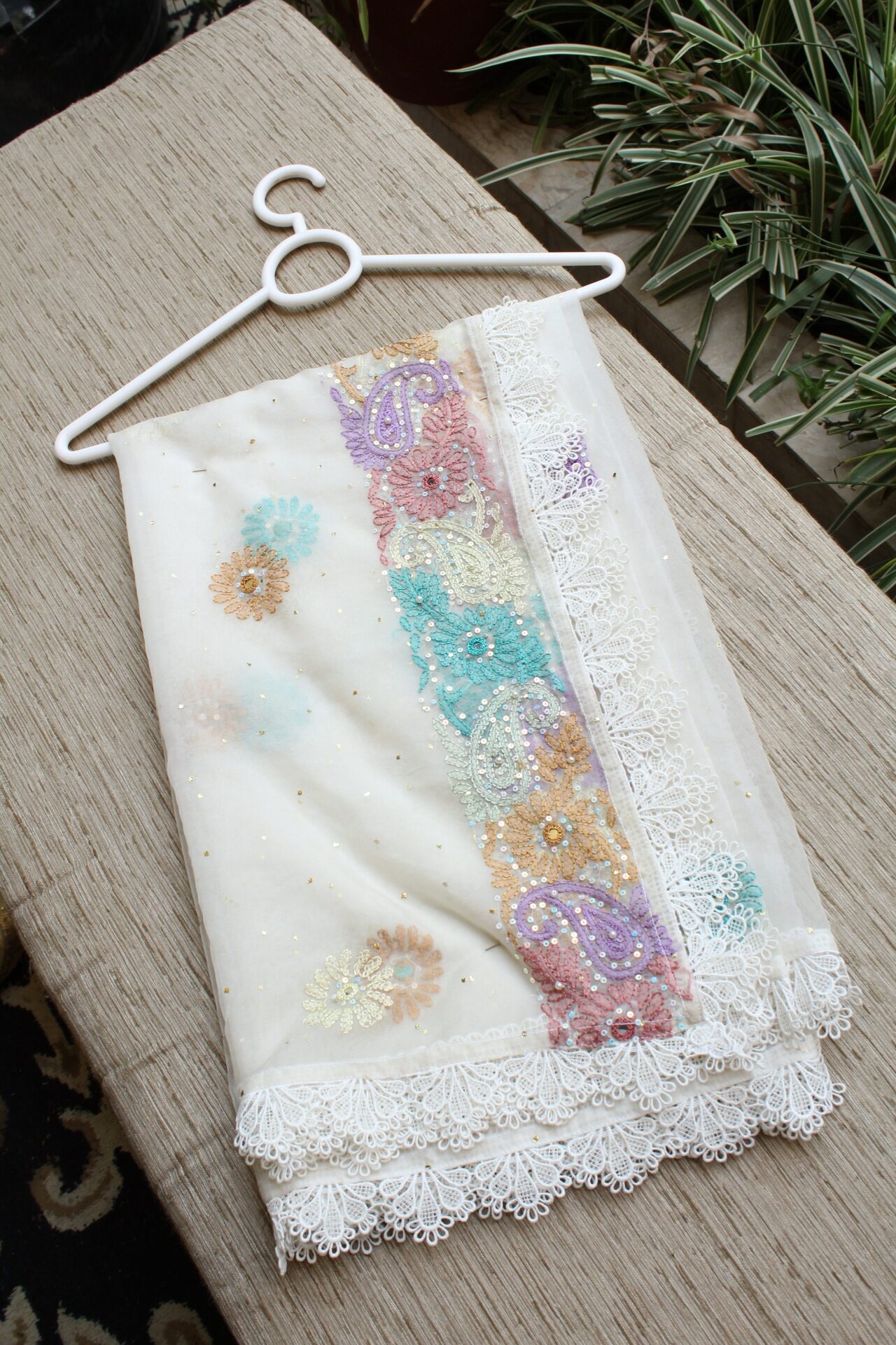 Hand Embroidered White Organza Dupatta